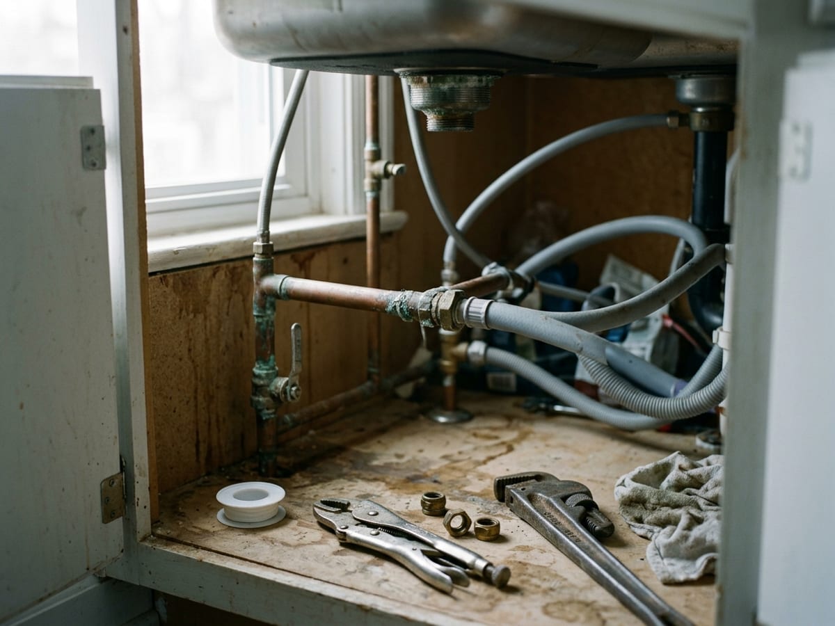 Canalisation sous évier avant remplacement du joint de siphon